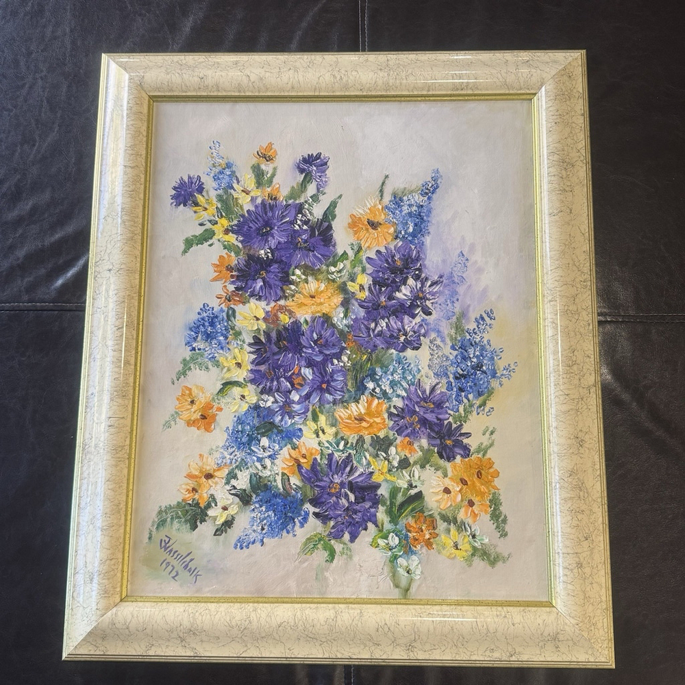 Vtg 1972 Signed Oil Painting Floral Still Life Heavy Impasto Framed 20”x24”